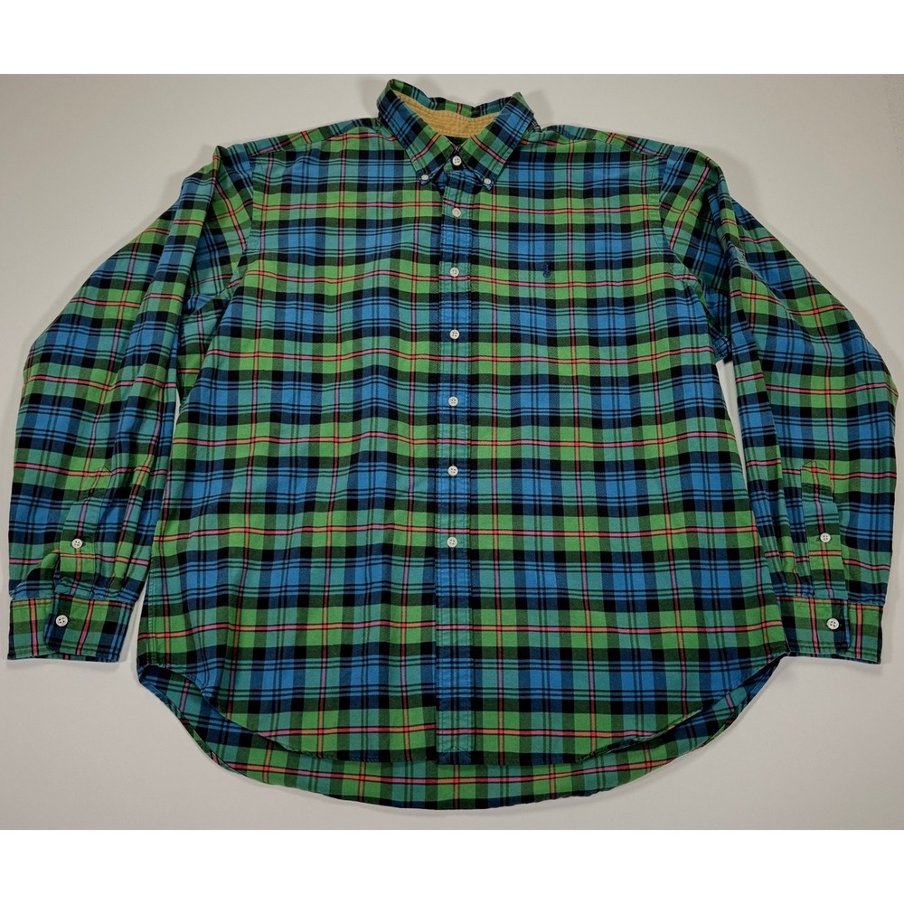 Ralph Lauren Flannel Shirt Mens XXL Blue Green Plaid Button Down Pony Logo